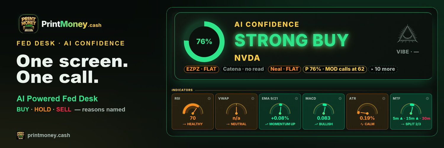 PrintMoney.cash — the AI Powered Fed Desk: the AI CONFIDENCE dial, the call, its receipts and the indicator wall, from a real capture of the live board